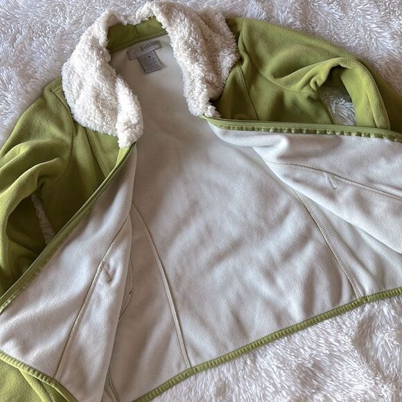 Upcycled Faux Fur Collar Zip Front Lime Green Fleece Sweater Jacket XL - Picture 11 of 13
